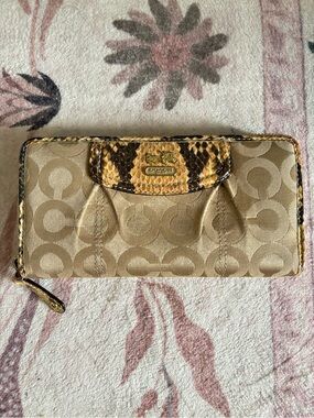 Coach Signature Zip Around Wallet Snake Print Trim